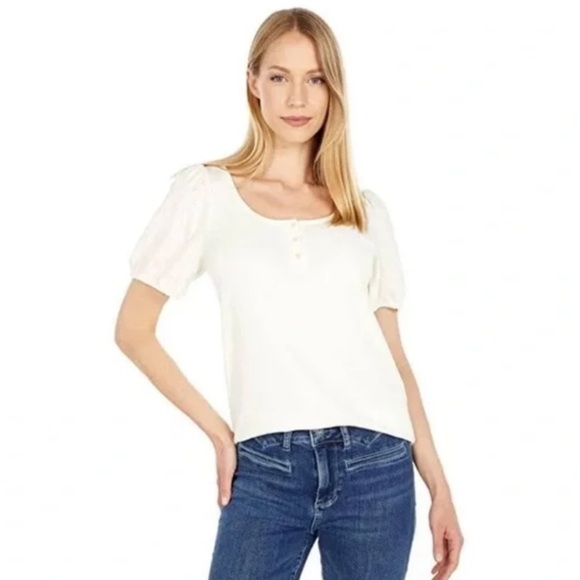 NWT Madewell Eyelet Sleeve Cotton Henley Top in Crème JCrew Popular officewear - Picture 4 of 16